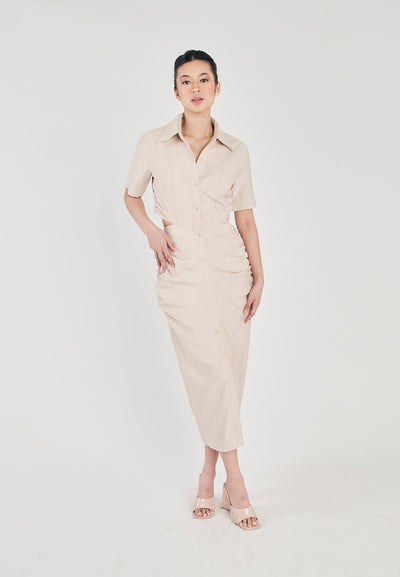 Lenard Beige Collared Buttondown Short Sleeves Hollow Out Waist Ruch Side Midi Dress
