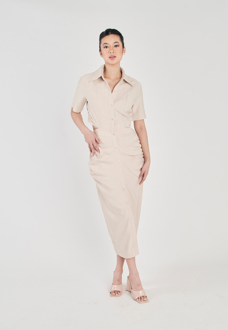 Lenard Beige Collared Buttondown Short Sleeves Hollow Out Waist Ruch Side Midi Dress