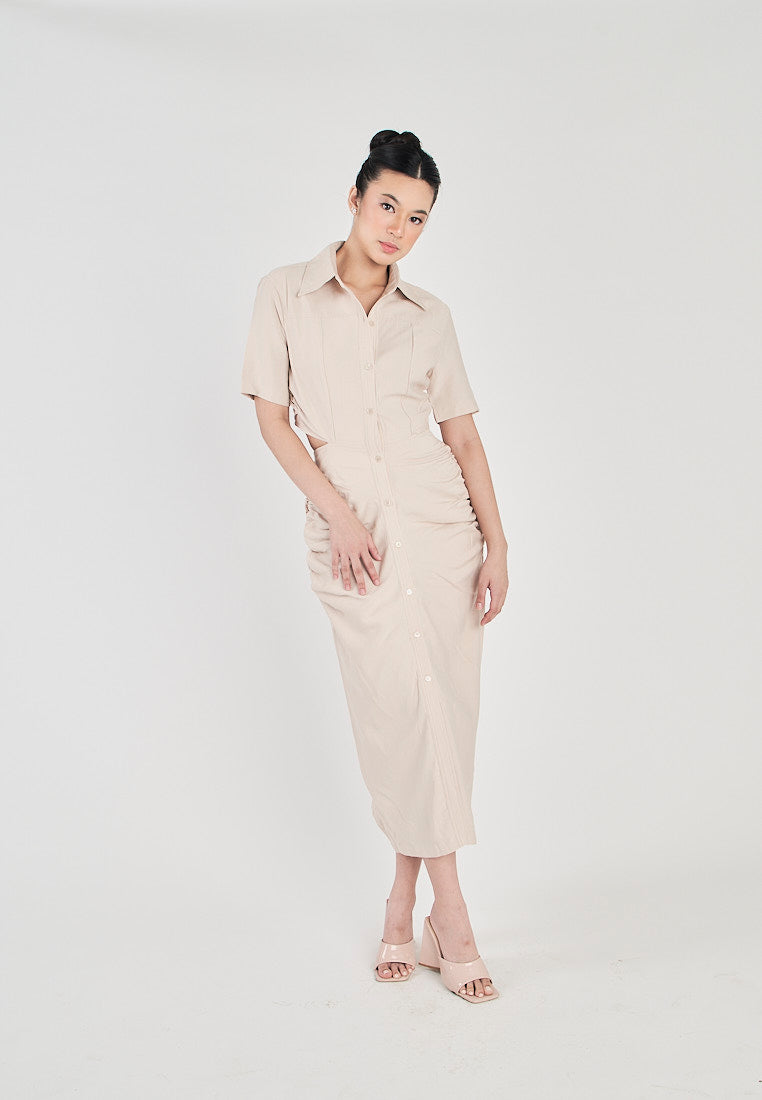 Lenard Beige Collared Buttondown Short Sleeves Hollow Out Waist Ruch Side Midi Dress