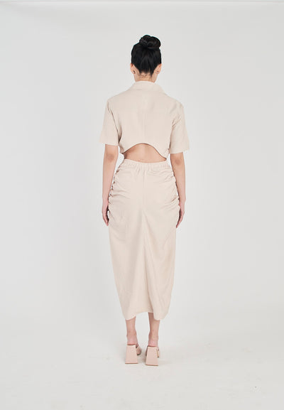 Lenard Beige Collared Buttondown Short Sleeves Hollow Out Waist Ruch Side Midi Dress