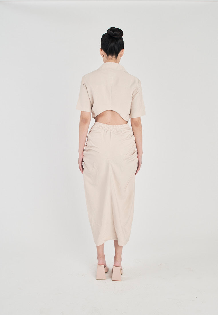 Lenard Beige Collared Buttondown Short Sleeves Hollow Out Waist Ruch Side Midi Dress
