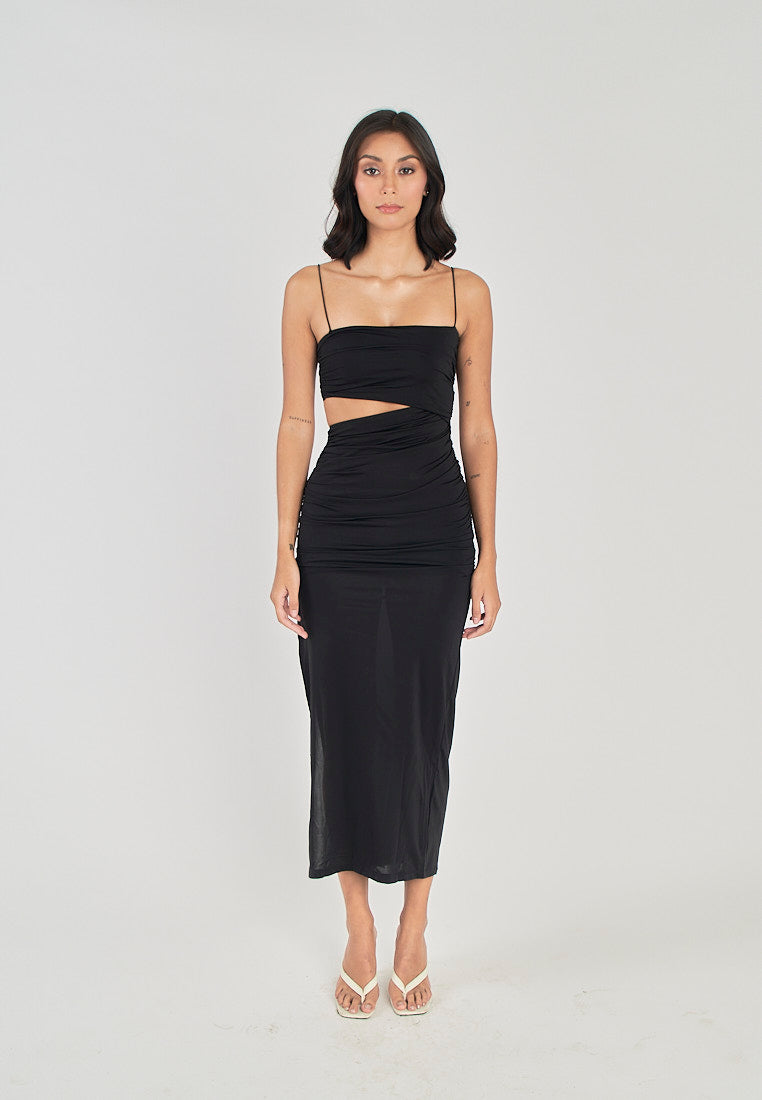 (PRE-ORDER: ETA February 25) Perri Black Asymmetrical neckline Single Waist Cut Bodycon Sleeveless Midi dress