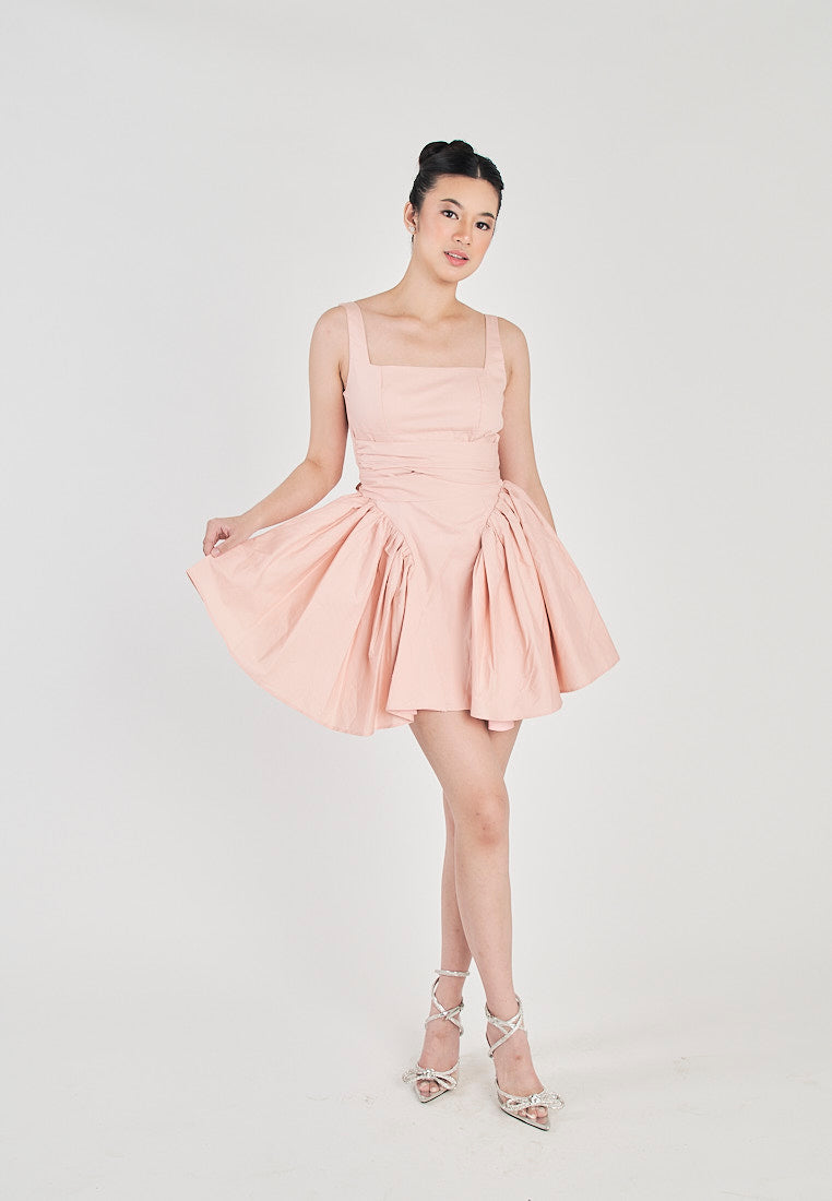 Kiehl Pink Square Neckline Pleated Skirt Big Bow Sexy Back Detail Mini Dress