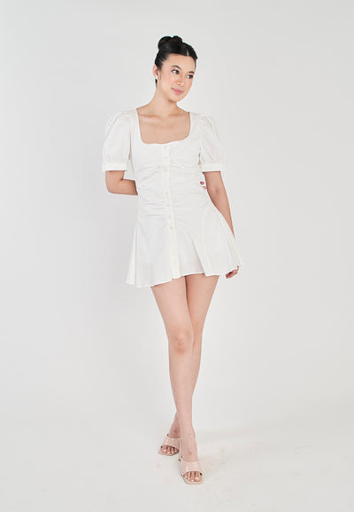 Roche White Square Neck Buttons Up Front Pleated Short Sleeves Mini Dress