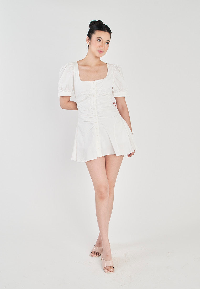 Roche White Square Neck Buttons Up Front Pleated Short Sleeves Mini Dress