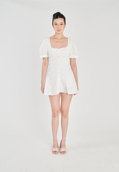 Roche White Square Neck Buttons Up Front Pleated Short Sleeves Mini Dress