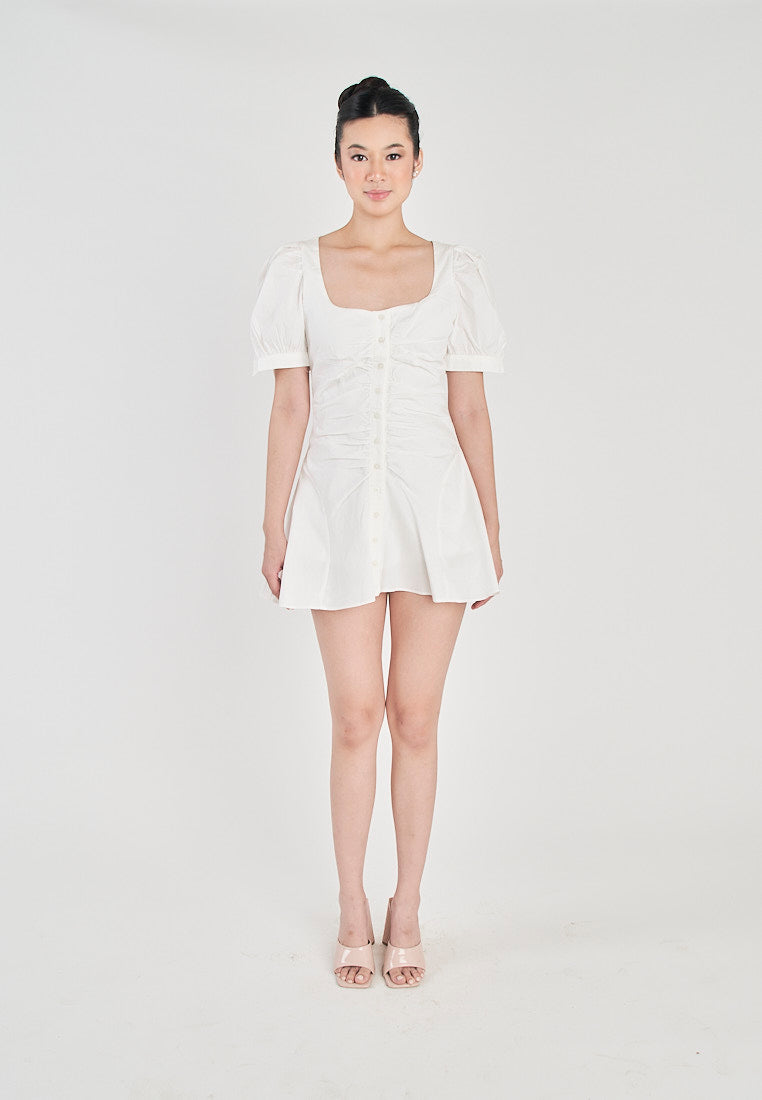 Roche White Square Neck Buttons Up Front Pleated Short Sleeves Mini Dress