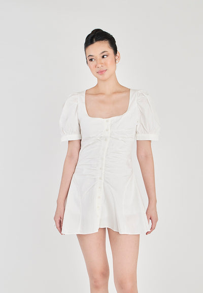 Roche White Square Neck Buttons Up Front Pleated Short Sleeves Mini Dress