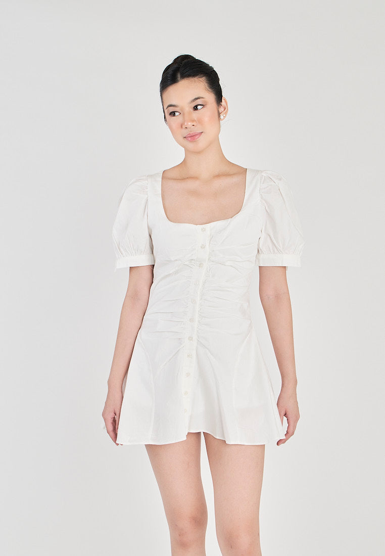 Roche White Square Neck Buttons Up Front Pleated Short Sleeves Mini Dress