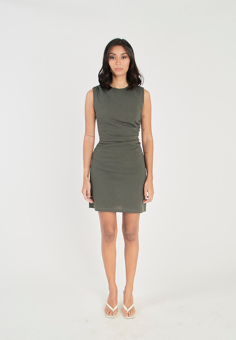 Aikee Army Green Crew Neckline Ruched Side Back Zipper Mini Dress