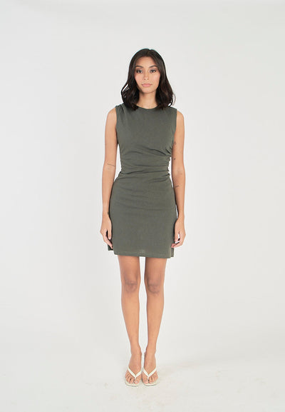 Aikee Army Green Crew Neckline Ruched Side Back Zipper Mini Dress