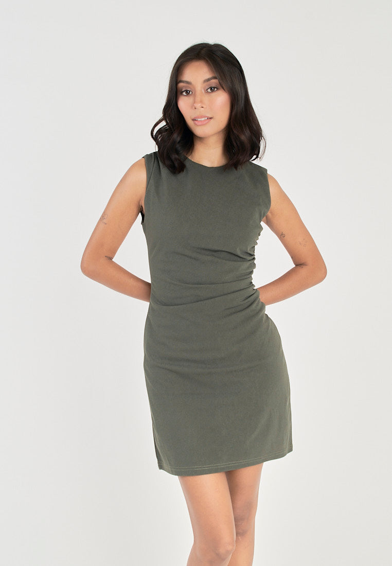 Aikee Army Green Crew Neckline Ruched Side Back Zipper Mini Dress