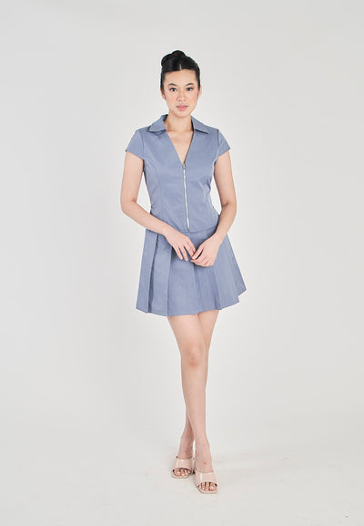 Urika Blue V Neck Turm Down Colar Front Zipper Pleated Mini Dress