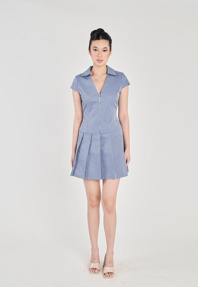 Urika Blue V Neck Turm Down Colar Front Zipper Pleated Mini Dress