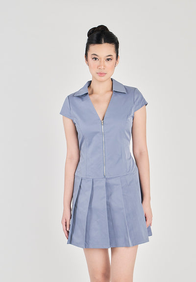 Urika Blue V Neck Turm Down Colar Front Zipper Pleated Mini Dress