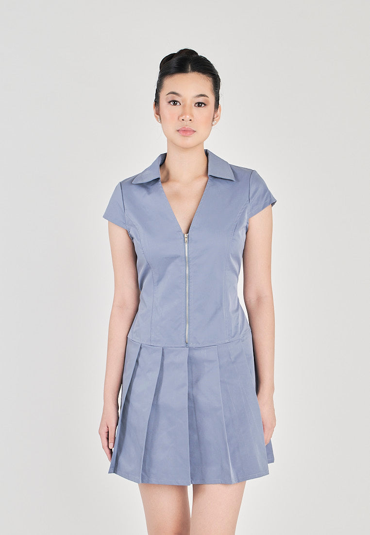 Urika Blue V Neck Turm Down Colar Front Zipper Pleated Mini Dress