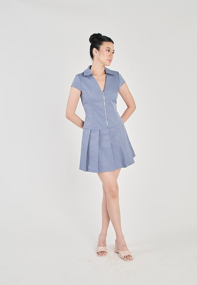 Urika Blue V Neck Turm Down Colar Front Zipper Pleated Mini Dress