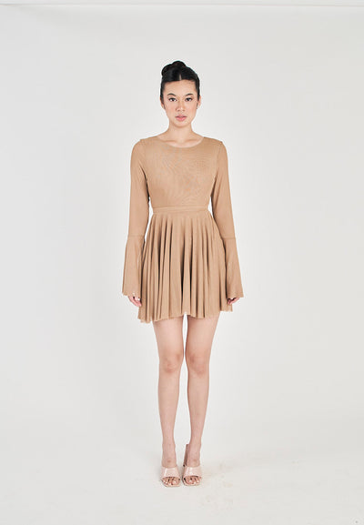 Julienne Khaki Round Neck Long Sleeves Flare Mini Dress