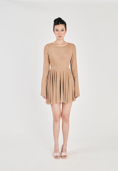 Julienne Khaki Round Neck Long Sleeves Flare Mini Dress