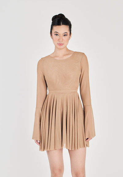 Julienne Khaki Round Neck Long Sleeves Flare Mini Dress