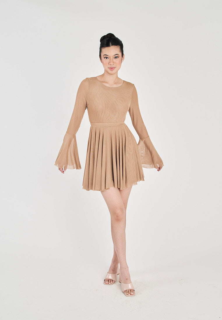 Julienne Khaki Round Neck Long Sleeves Flare Mini Dress