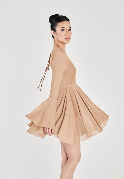 Julienne Khaki Round Neck Long Sleeves Flare Mini Dress
