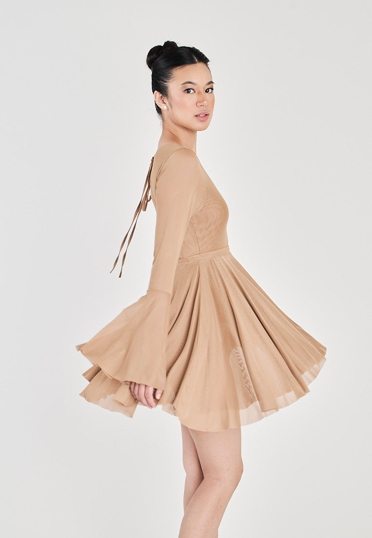 Julienne Khaki Round Neck Long Sleeves Flare Mini Dress