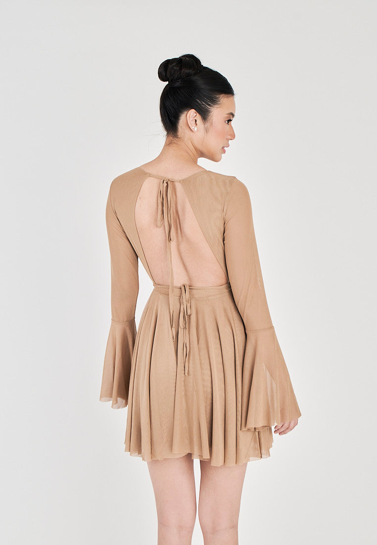 Julienne Khaki Round Neck Long Sleeves Flare Mini Dress