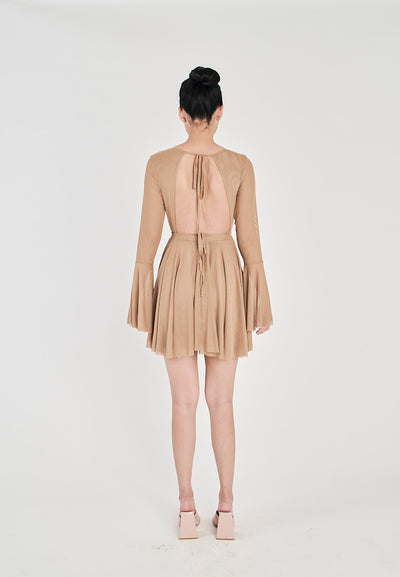 Julienne Khaki Round Neck Long Sleeves Flare Mini Dress