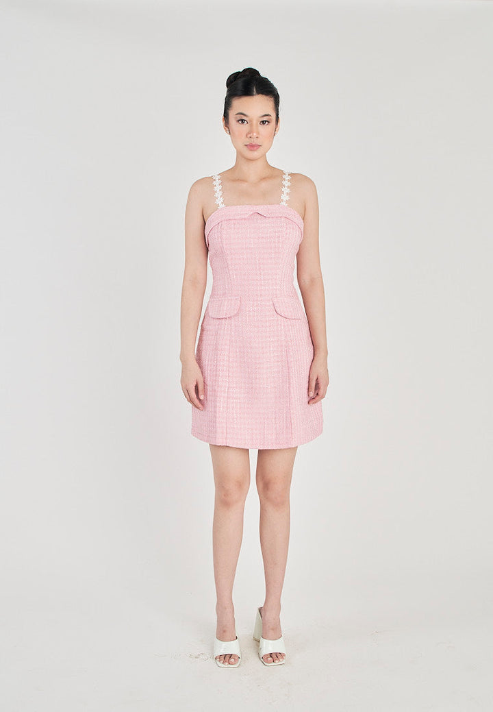 Harleth Pink with White Lace Strap Folded Neckline Back Zipper Tweed Mini Dress