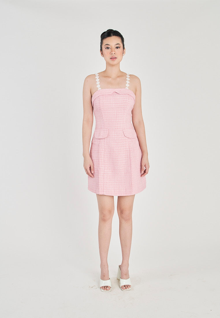Harleth Pink with White Lace Strap Folded Neckline Back Zipper Tweed Mini Dress