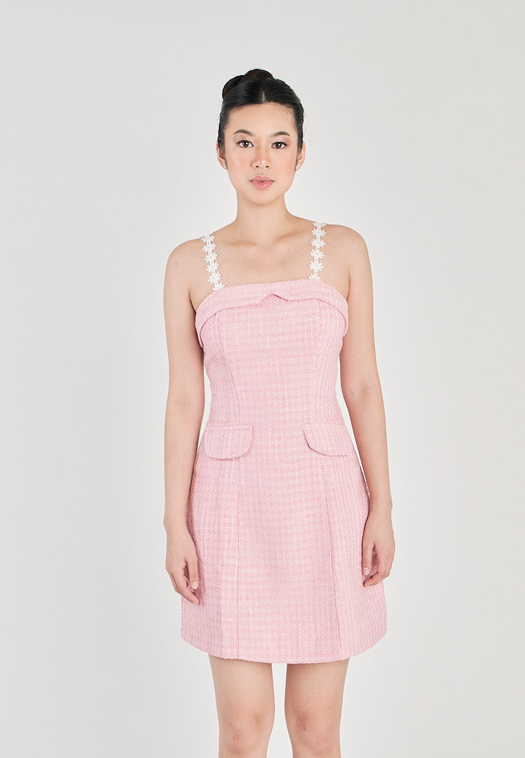 Harleth Pink with White Lace Strap Folded Neckline Back Zipper Tweed Mini Dress
