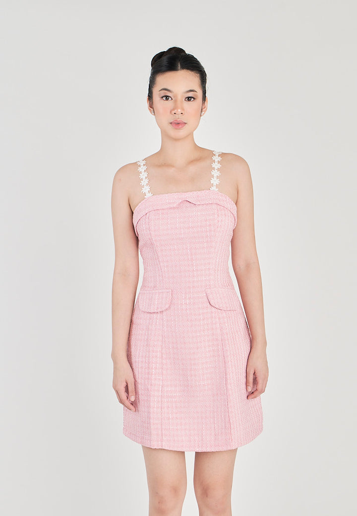 Harleth Pink with White Lace Strap Folded Neckline Back Zipper Tweed Mini Dress