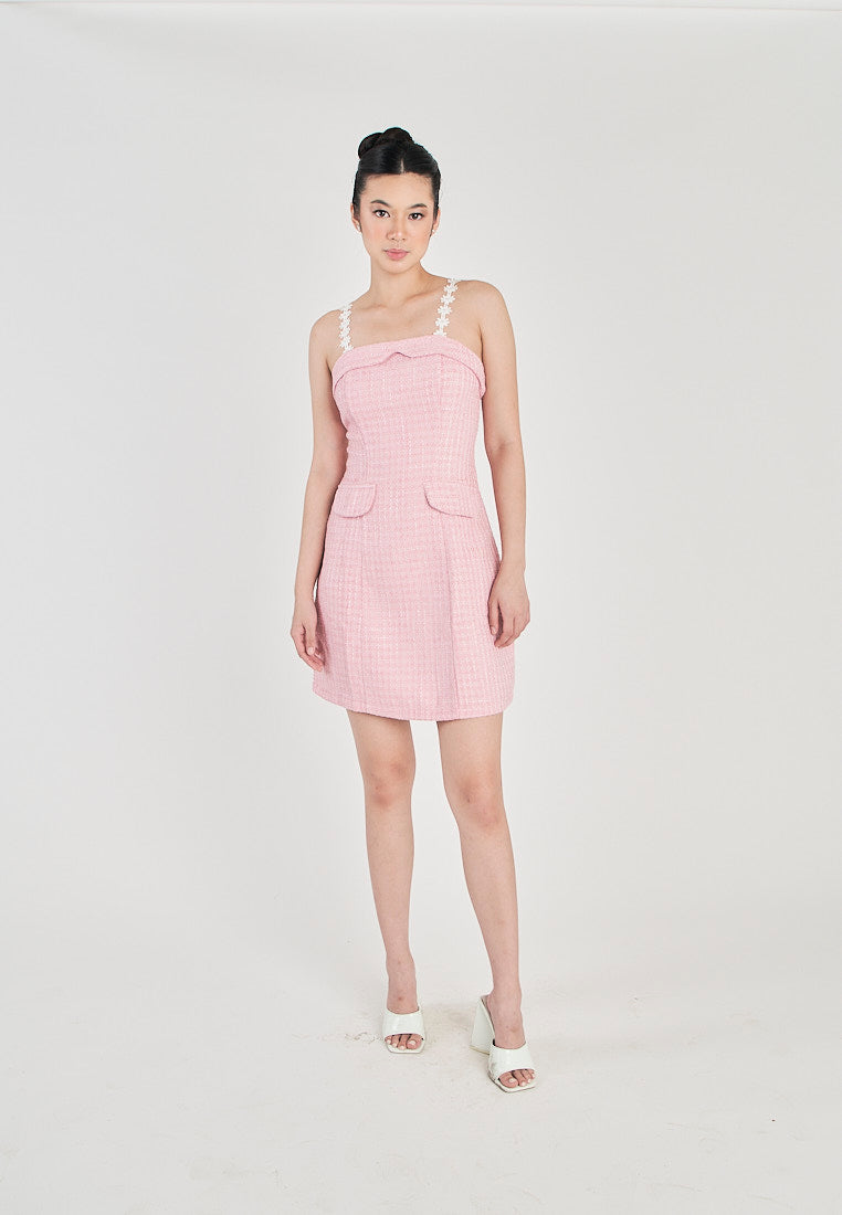 Harleth Pink with White Lace Strap Folded Neckline Back Zipper Tweed Mini Dress