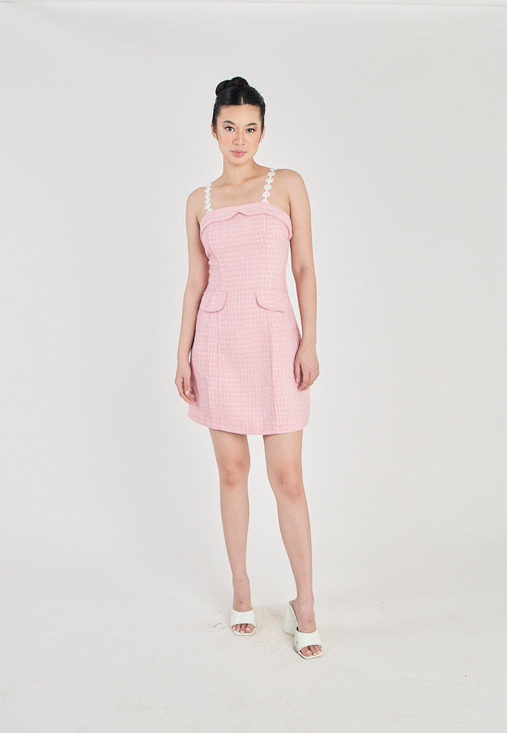 Harleth Pink with White Lace Strap Folded Neckline Back Zipper Tweed Mini Dress