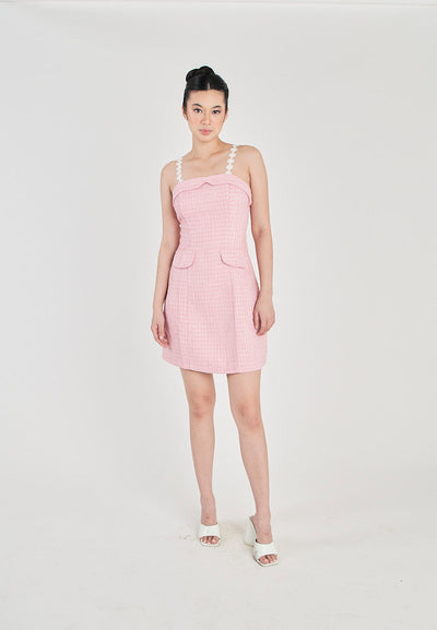 Harleth Pink with White Lace Strap Folded Neckline Back Zipper Tweed Mini Dress