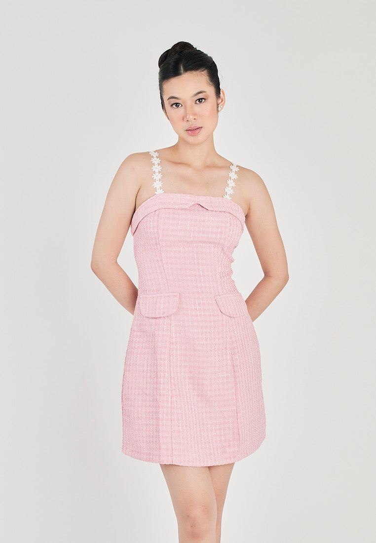 Harleth Pink with White Lace Strap Folded Neckline Back Zipper Tweed Mini Dress