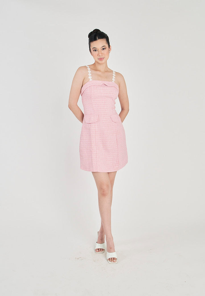 Harleth Pink with White Lace Strap Folded Neckline Back Zipper Tweed Mini Dress