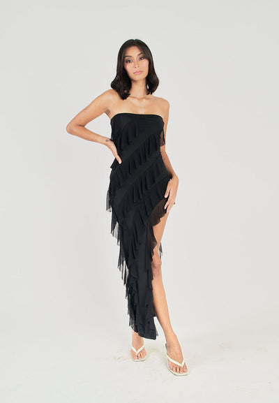 Sarina Black Front Ruffle Side Slit Tube Midi Dress