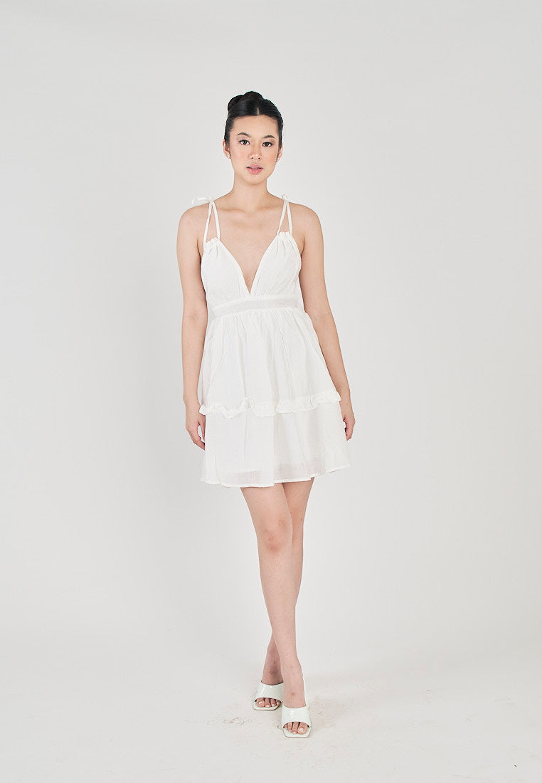 Jeline White V Neck Halter Self Tie Strap Sexy Back Tiered Sleeveless Mini Dress