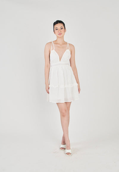 Jeline White V Neck Halter Self Tie Strap Sexy Back Tiered Sleeveless Mini Dress