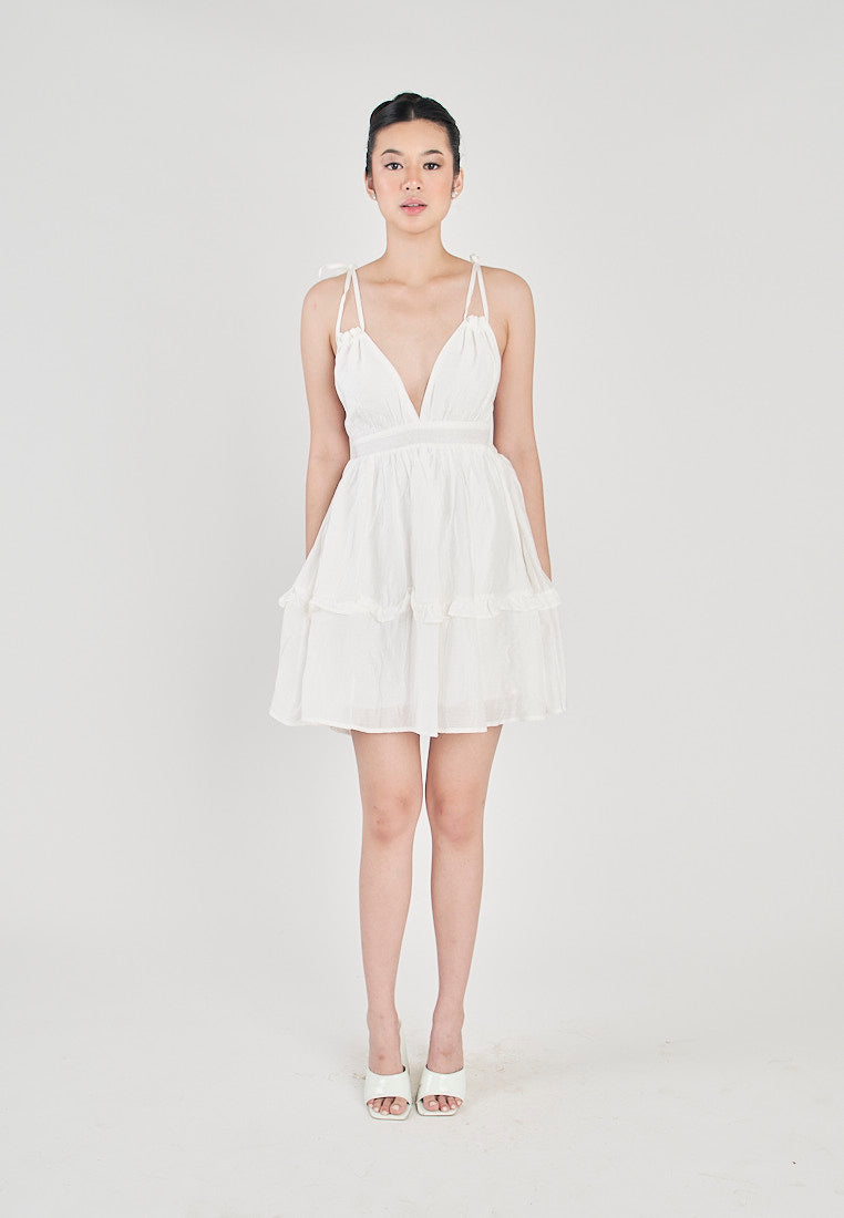 Jeline White V Neck Halter Self Tie Strap Sexy Back Tiered Sleeveless Mini Dress