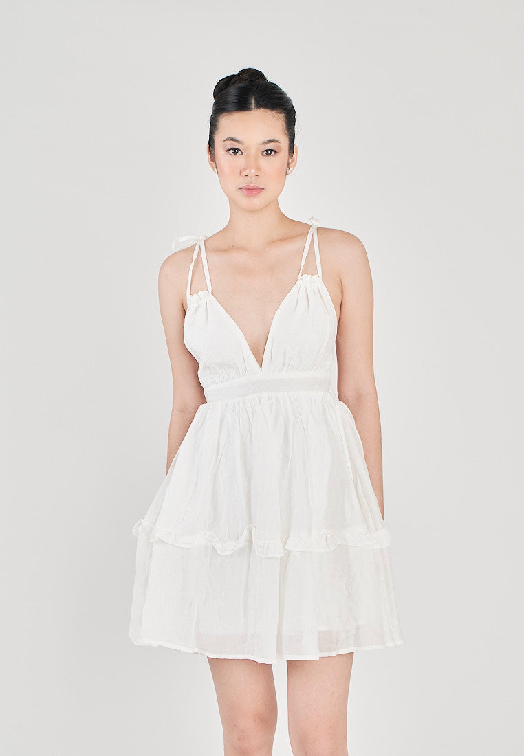 Jeline White V Neck Halter Self Tie Strap Sexy Back Tiered Sleeveless Mini Dress
