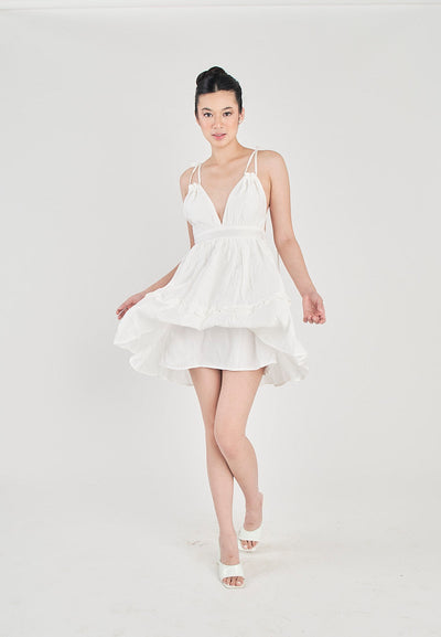 Jeline White V Neck Halter Self Tie Strap Sexy Back Tiered Sleeveless Mini Dress