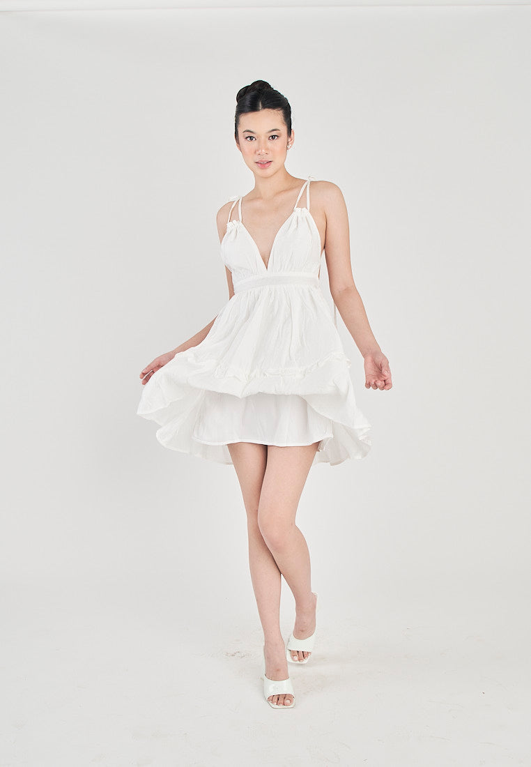 Jeline White V Neck Halter Self Tie Strap Sexy Back Tiered Sleeveless Mini Dress
