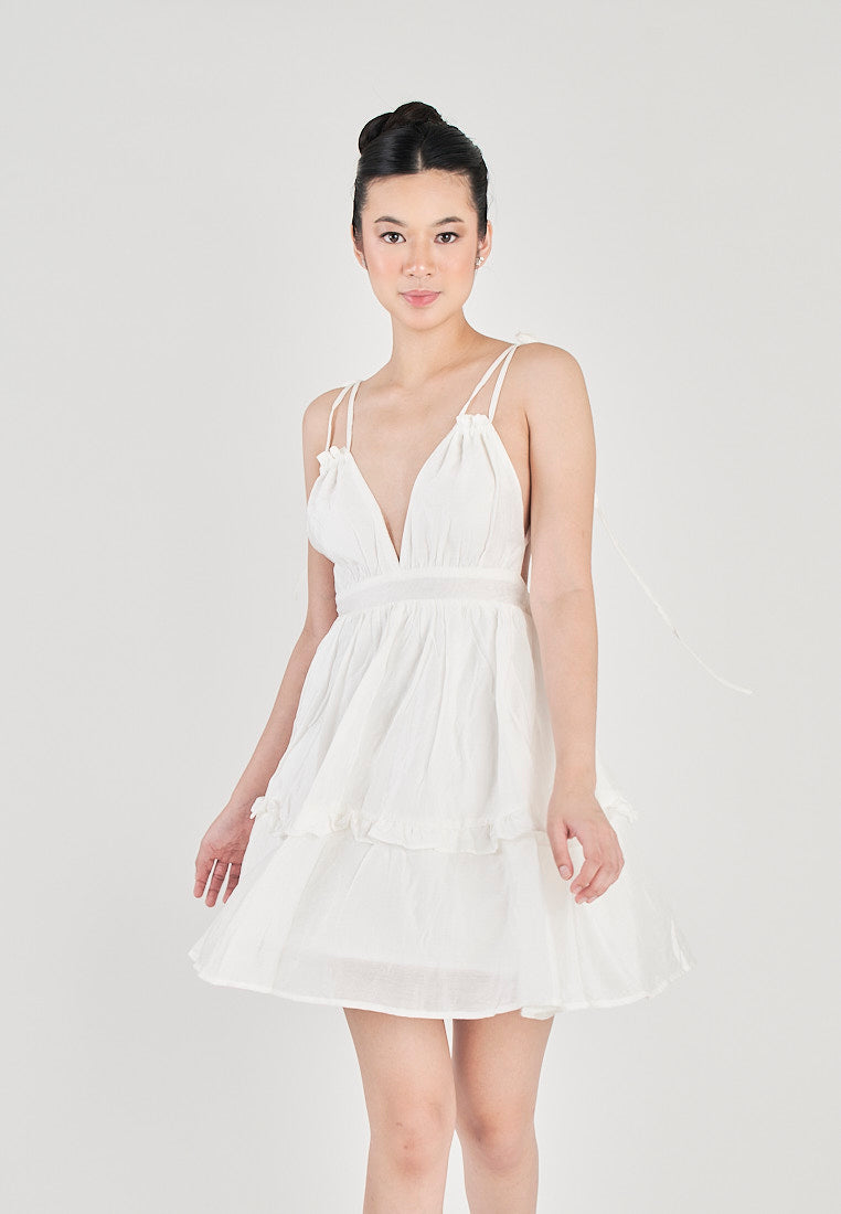 Jeline White V Neck Halter Self Tie Strap Sexy Back Tiered Sleeveless Mini Dress