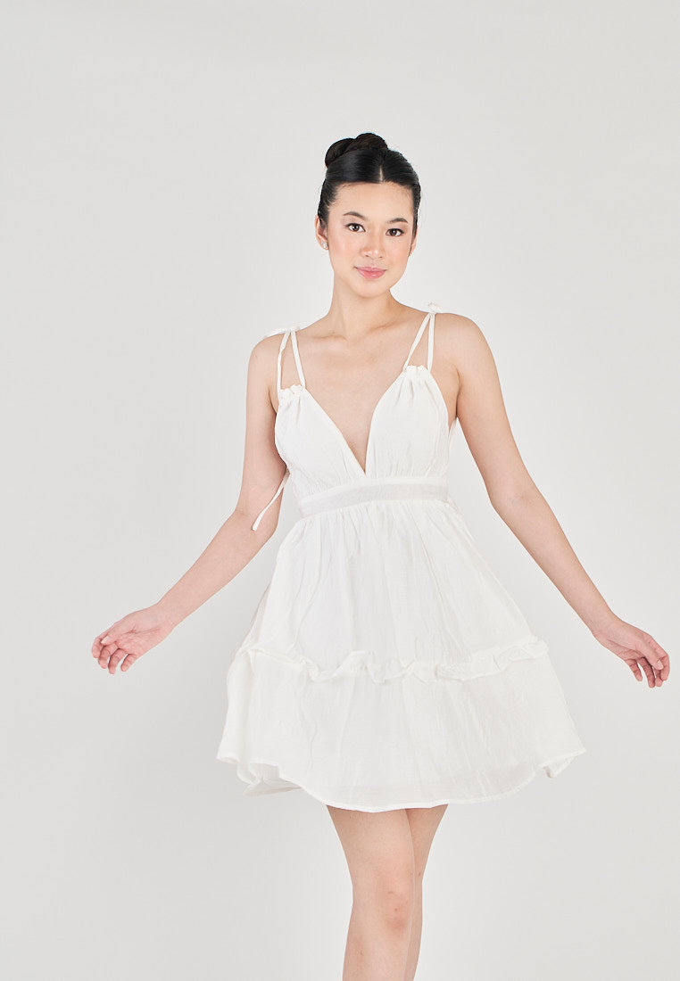 Jeline White V Neck Halter Self Tie Strap Sexy Back Tiered Sleeveless Mini Dress