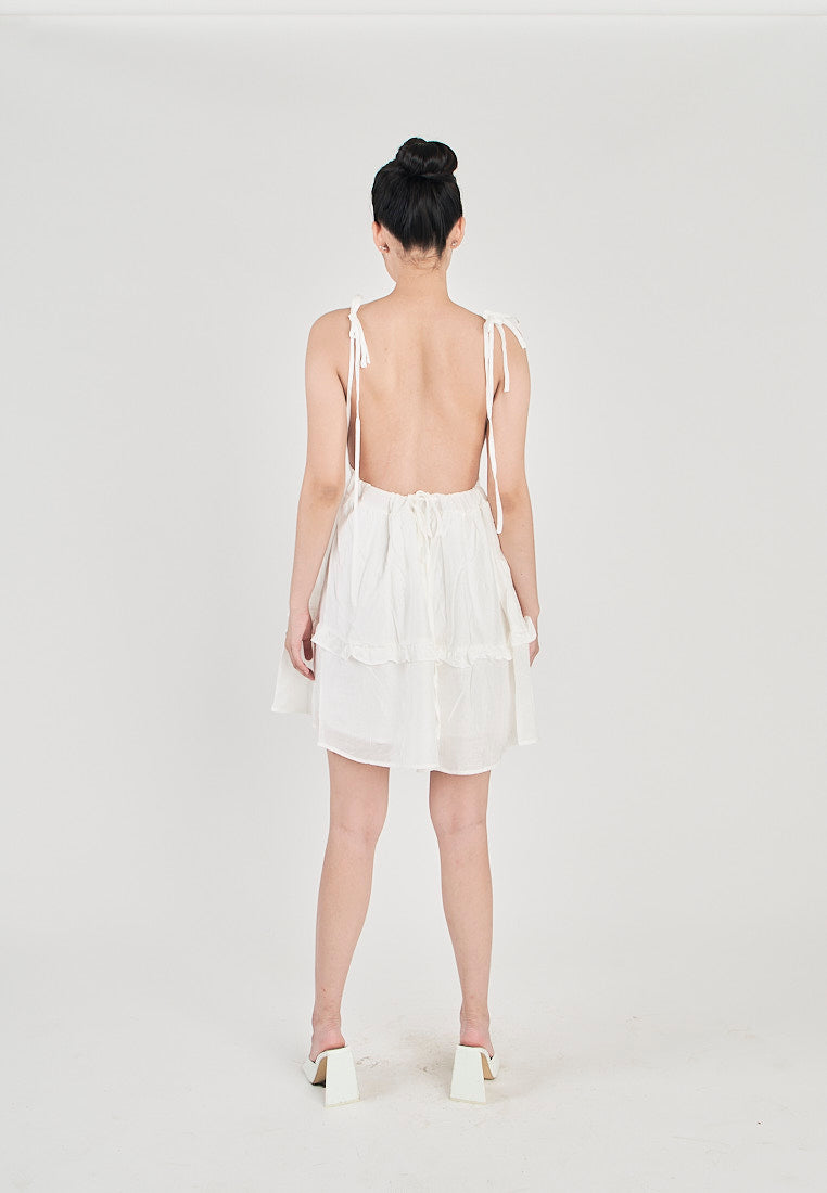 Jeline White V Neck Halter Self Tie Strap Sexy Back Tiered Sleeveless Mini Dress