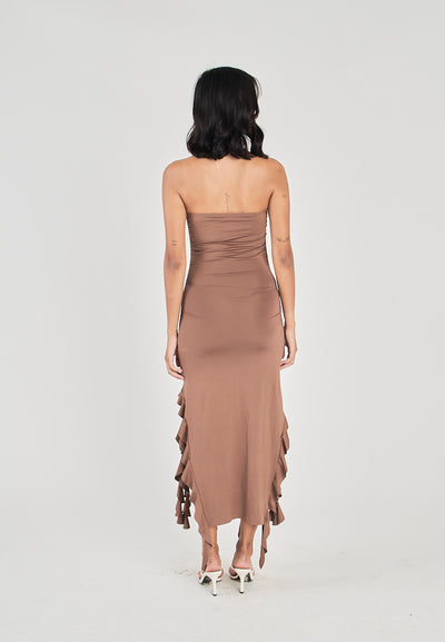 Reverie Brown Ruffle Hem Tube Midi Dress