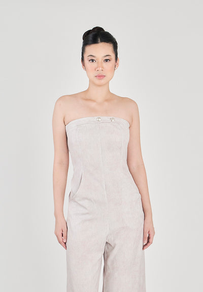 Treszka Beige Lined Front Buttons Side Zipper with Pockets Jumpsuit